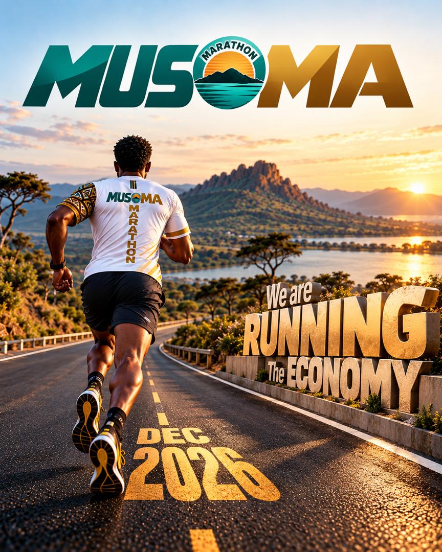A runner in a Musoma Marathon shirt on the road beside Lake Victoria at sunset, with the words We are running the economy, Dec 2026